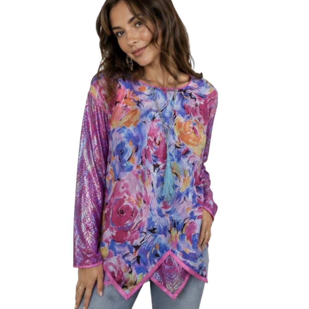 Fairycore Floral Metallic Tunic Top Peacock Feathers Pink Sparkle Boho -